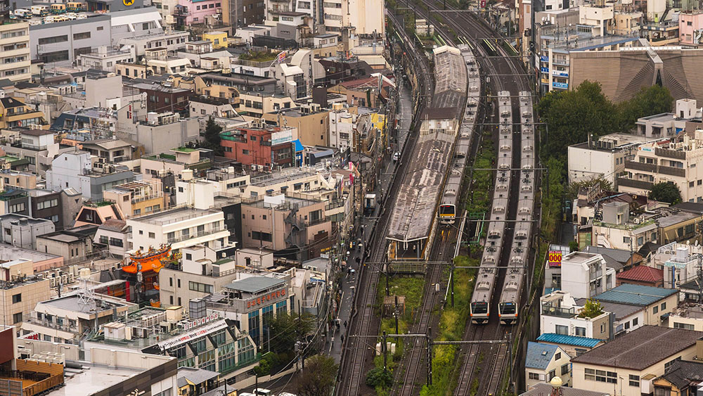 Multiple subway lines in Tokyo, Japan.